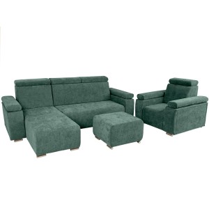 Zestaw mebli z regulowanymi zagłówkami i podłokietnikami MILAN lewostronny w kolorze zielonym: fotel, narożnik, pufa
