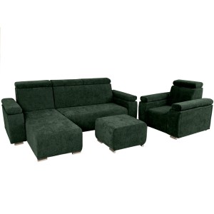Zestaw mebli z regulowanymi zagłówkami i podłokietnikami MILAN lewostronny w kolorze ciemnozielonym: fotel, narożnik, pufa