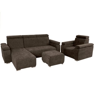 Zestaw mebli z regulowanymi zagłówkami i podłokietnikami MILAN lewostronny w kolorze brązowym: fotel, narożnik, pufa