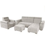 Zestaw mebli z regulowanymi zagłówkami i podłokietnikami MILAN prawostronny w kolorze szarym: fotel, narożnik, pufa 