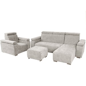 Zestaw mebli z regulowanymi zagłówkami i podłokietnikami MILAN prawostronny w kolorze szarym: fotel, narożnik, pufa 