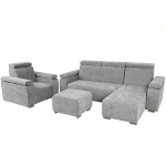 Zestaw mebli z regulowanymi zagłówkami i podłokietnikami MILAN prawostronny w kolorze szarym: fotel, narożnik, pufa 