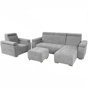 Zestaw mebli z regulowanymi zagłówkami i podłokietnikami MILAN prawostronny w kolorze szarym: fotel, narożnik, pufa 