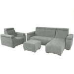 Zestaw mebli z regulowanymi zagłówkami i podłokietnikami MILAN prawostronny w kolorze szarozielonym: fotel, narożnik, pufa 