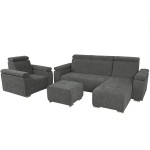 Zestaw mebli z regulowanymi zagłówkami i podłokietnikami MILAN prawostronny w kolorze ciemnoszarym: fotel, narożnik, pufa