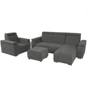 Zestaw mebli z regulowanymi zagłówkami i podłokietnikami MILAN prawostronny w kolorze ciemnoszarym: fotel, narożnik, pufa