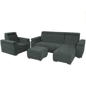 Zestaw mebli z regulowanymi zagłówkami i podłokietnikami MILAN prawostronny w kolorze grafitowym: fotel, narożnik, pufa 