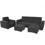 Zestaw mebli z regulowanymi zagłówkami i podłokietnikami MILAN prawostronny w kolorze grafitowym: fotel, narożnik, pufa