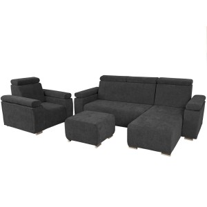 Zestaw mebli z regulowanymi zagłówkami i podłokietnikami MILAN prawostronny w kolorze grafitowym: fotel, narożnik, pufa