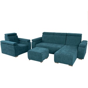 Zestaw mebli z regulowanymi zagłówkami i podłokietnikami MILAN prawostronny w kolorze morskim: fotel, narożnik, pufa