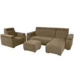 Zestaw mebli z regulowanymi zagłówkami i podłokietnikami MILAN prawostronny w kolorze brązowym: fotel, narożnik, pufa 