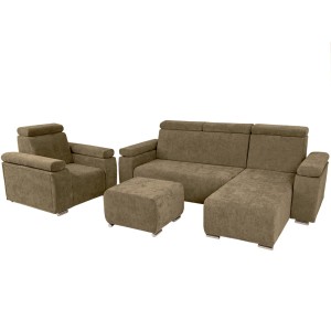 Zestaw mebli z regulowanymi zagłówkami i podłokietnikami MILAN prawostronny w kolorze brązowym: fotel, narożnik, pufa 