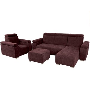 Zestaw mebli z regulowanymi zagłówkami i podłokietnikami MILAN prawostronny w kolorze bordowym: fotel, narożnik, pufa