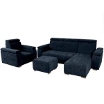 Zestaw mebli z regulowanymi zagłówkami i podłokietnikami MILAN prawostronny w kolorze ciemnogranatowym: fotel, narożnik, pufa