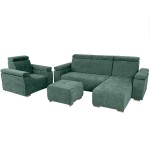Zestaw mebli z regulowanymi zagłówkami i podłokietnikami MILAN prawostronny w kolorze zielonym: fotel, narożnik, pufa