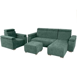 Zestaw mebli z regulowanymi zagłówkami i podłokietnikami MILAN prawostronny w kolorze zielonym: fotel, narożnik, pufa