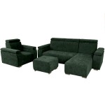Zestaw mebli z regulowanymi zagłówkami i podłokietnikami MILAN prawostronny w kolorze ciemnozielonym: fotel, narożnik, pufa
