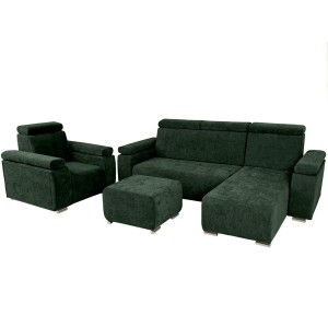 Zestaw mebli z regulowanymi zagłówkami i podłokietnikami MILAN prawostronny w kolorze ciemnozielonym: fotel, narożnik, pufa