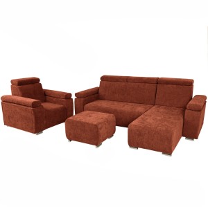 Zestaw mebli z regulowanymi zagłówkami i podłokietnikami MILAN prawostronny w kolorze ceglastym: fotel, narożnik, pufa
