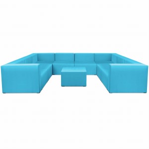 Narożnik modułowy w kształcie litery U z podnóżkiem 6-osobowy LEON w kolorze jasnoniebieski – segment do zestawu mebli modułowych: 9 siedzisk, 10 oparć, 2 podłokietniki