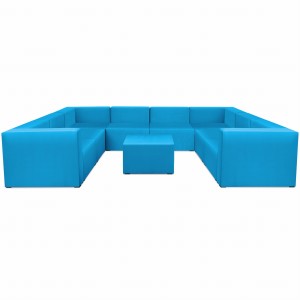 Narożnik modułowy w kształcie litery U z podnóżkiem 6-osobowy LEON w kolorze lazurowym – segment do zestawu mebli modułowych: 9 siedzisk, 10 oparć, 2 podłokietniki