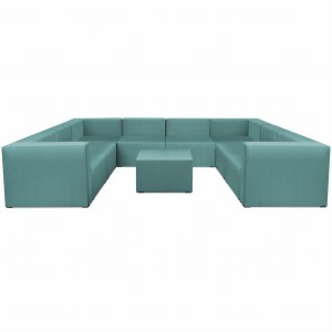 Narożnik modułowy w kształcie litery U z podnóżkiem 6-osobowy LEON w kolorze morskim – segment do zestawu mebli modułowych: 9 siedzisk, 10 oparć, 2 podłokietniki 