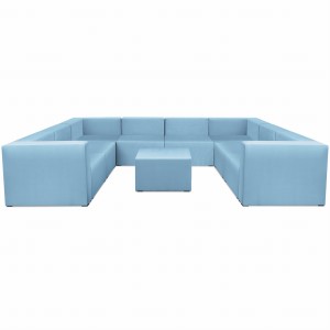 Narożnik modułowy w kształcie litery U z podnóżkiem 6-osobowy LEON w kolorze jasnoniebieskim – segment do zestawu mebli modułowych: 9 siedzisk, 10 oparć, 2 podłokietniki 