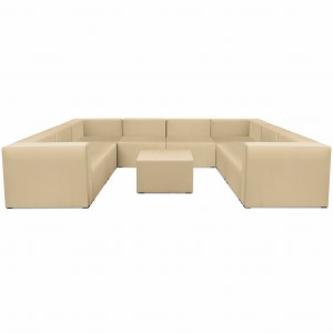 Narożnik modułowy w kształcie litery U z podnóżkiem 6-osobowy LEON w kolorze beżowym – segment do zestawu mebli modułowych: 9 siedzisk, 10 oparć, 2 podłokietniki 