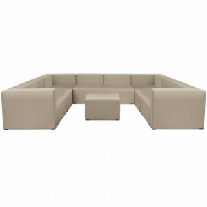 Narożnik modułowy w kształcie litery U z podnóżkiem 6-osobowy LEON w kolorze beżowym – segment do zestawu mebli modułowych: 9 siedzisk, 10 oparć, 2 podłokietniki