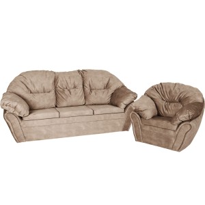 Puszysty zestaw Irma: miękka sofa oraz wygodny fotel w kolorze brązowym w stylu klasycznym