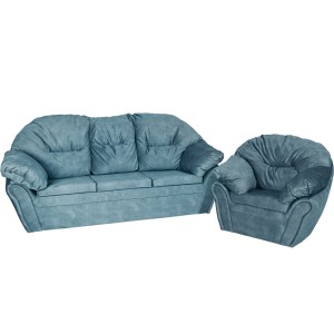 Puszysty zestaw Irma: miękka sofa oraz wygodny fotel w kolorze jasnoniebieskim w stylu klasycznym 