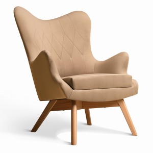 Fotel uszak Bergen w kolorze jasnobrązowym z drewnianymi nóżkami w stylu skandynawskim 