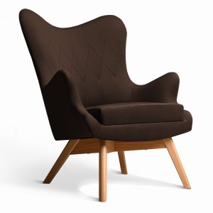 Fotel uszak Bergen w kolorze ciemnobrązowym z drewnianymi nóżkami w stylu skandynawskim 
