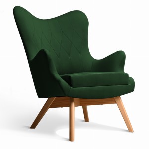 Fotel uszak Bergen w kolorze ciemnozielonym z drewnianymi nóżkami w stylu skandynawskim