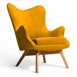 Fotel uszak Bergen w kolorze musztardowym z drewnianymi nóżkami w stylu skandynawskim 