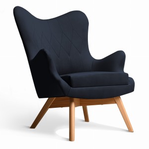 Fotel uszak Bergen w kolorze ciemnoniebieskim z drewnianymi nóżkami w stylu skandynawskim