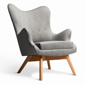 Fotel uszak Bergen w kolorze siwym z drewnianymi nóżkami w stylu skandynawskim 