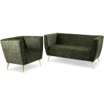 Zestaw mebli Lara: Sofa i Fotel z welurowej tkaniny w kolorze ciemnozielonym z przeszyciami i złotymi nogami
