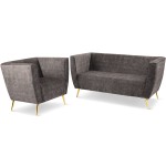 Zestaw mebli Lara: Sofa i Fotel z welurowej tkaniny w kolorze ciemnoszarym z przeszyciami i złotymi nogami