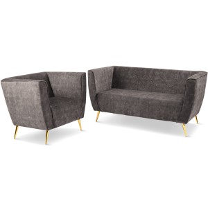 Zestaw mebli Lara: Sofa i Fotel z welurowej tkaniny w kolorze ciemnoszarym z przeszyciami i złotymi nogami