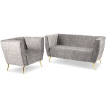 Zestaw mebli Lara: Sofa i Fotel z welurowej tkaniny w kolorze jasnoszarym z przeszyciami i złotymi nogami