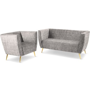 Zestaw mebli Lara: Sofa i Fotel z welurowej tkaniny w kolorze jasnoszarym z przeszyciami i złotymi nogami