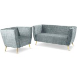 Zestaw mebli Lara: Sofa i Fotel z welurowej tkaniny w kolorze stalowym z przeszyciami i złotymi nogami