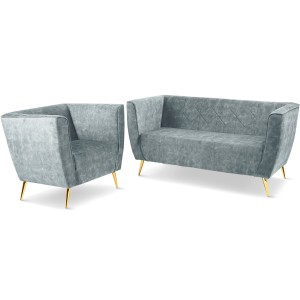 Zestaw mebli Lara: Sofa i Fotel z welurowej tkaniny w kolorze stalowym z przeszyciami i złotymi nogami