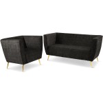 Zestaw mebli Lara: Sofa i Fotel z welurowej tkaniny w kolorze grafitowym z przeszyciami i złotymi nogami