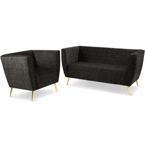 Zestaw mebli Lara: Sofa i Fotel z welurowej tkaniny w kolorze grafitowym z przeszyciami i złotymi nogami