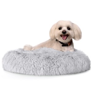 Puszyste legowisko dla psa i kota 70x70x20 cm L z miękkiej, futerkowej tkaniny SHAGGY – poduszka chmurka w kolorze jasnoszarym