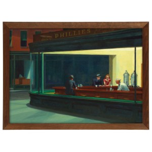 Reprodukcja obrazu w brązowej ramie w rozmiarze 70x50 cm - EDWARD HOPPER ,,HOPPER NIGHTHAWKS 1942,, 