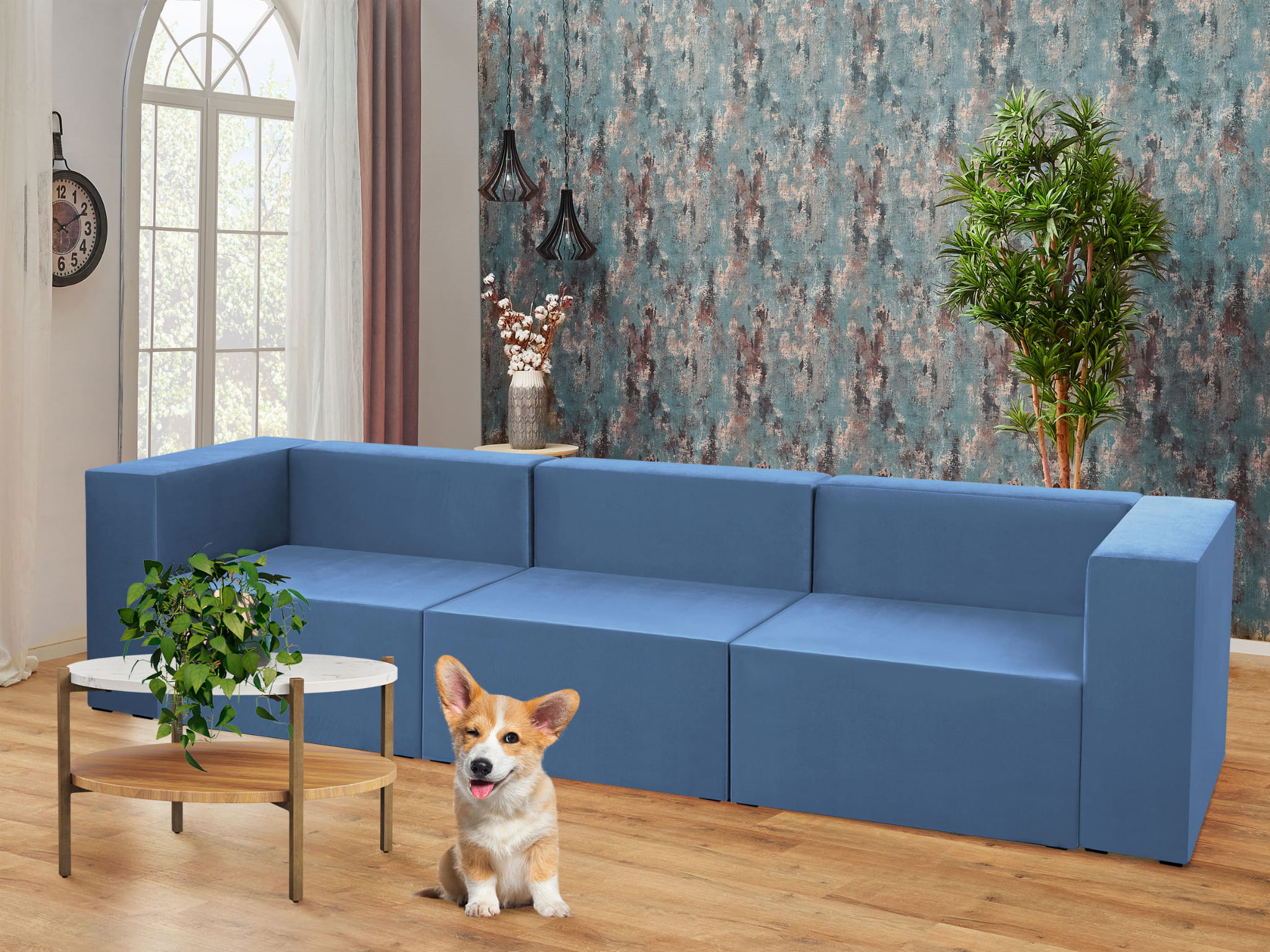 Sofa Modulowa Aksamitna 3 Osobowa Lokua Jasnoniebieski